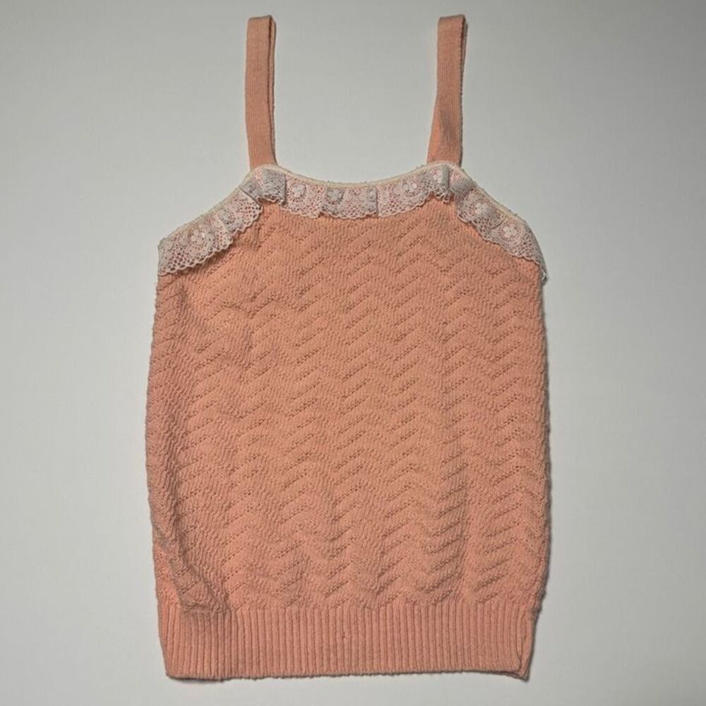 Women’s Peach Knit Tank Top Lace Trim Sleeveless Sweater Camisole Cottagecore